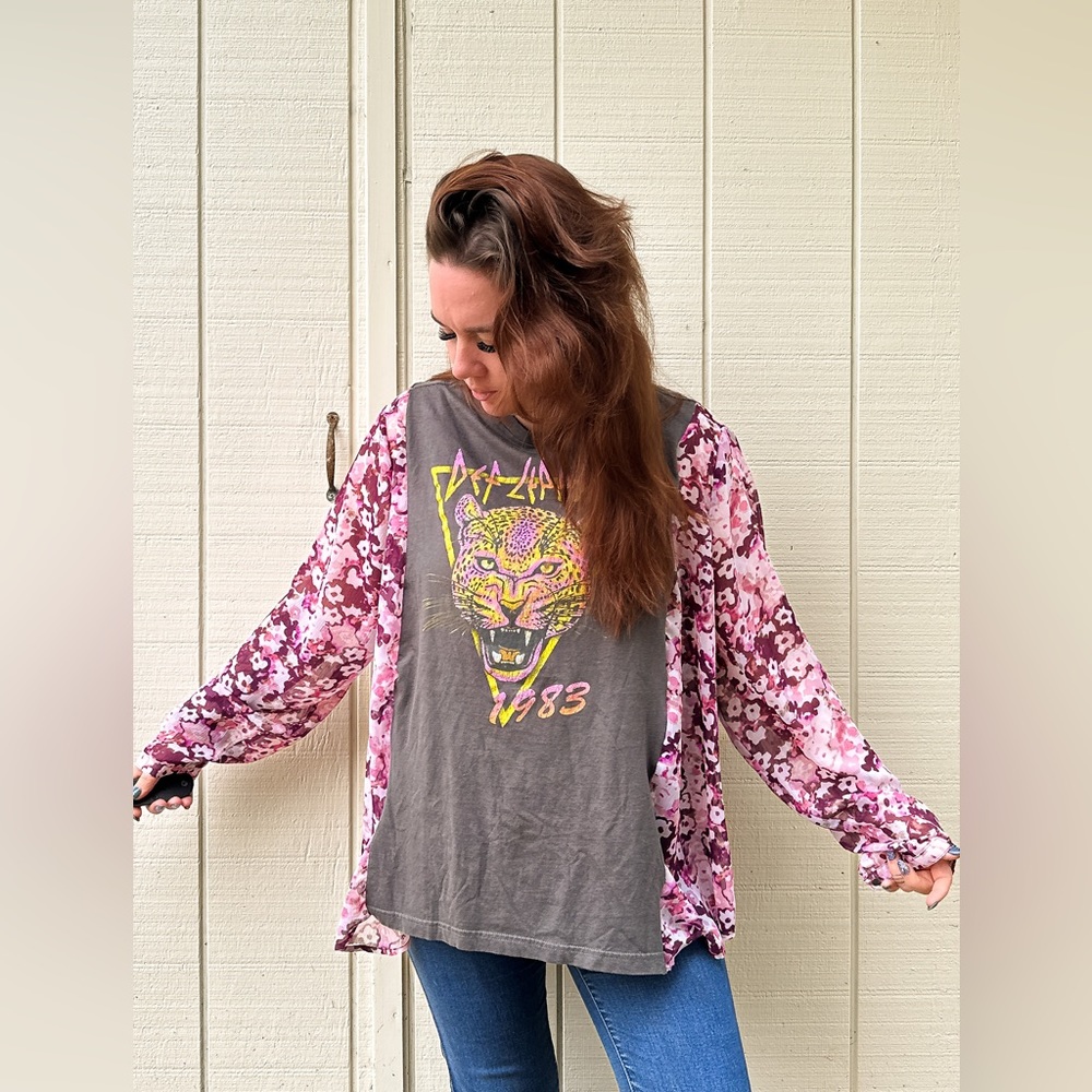 SOLD Upcycle Def Leppard Boho Floral Semi Sheer Top Blouse - One Of A Kind - Picture 4 of 15